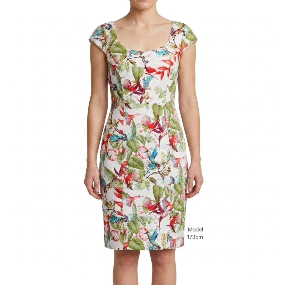 Floral Scoop-Neck Midi Sheath Dress with Multicolor Botanical Print